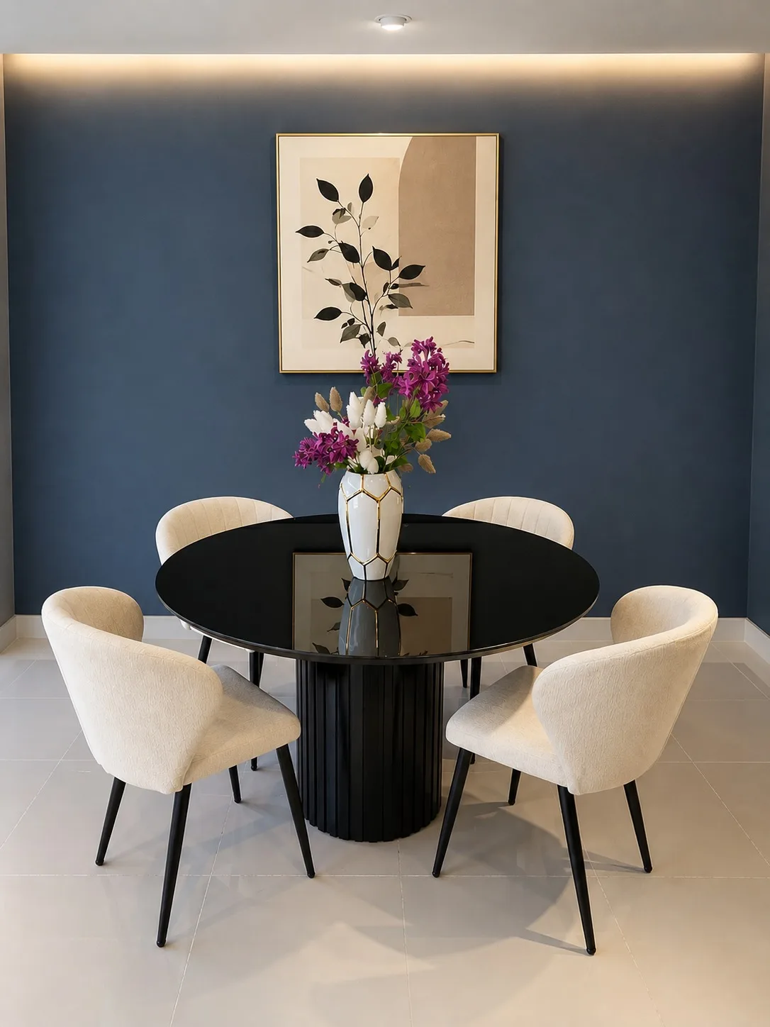 Comedor Cristal Adherido Tope 130 cm  - Sillas tapizado Beige patas Negras