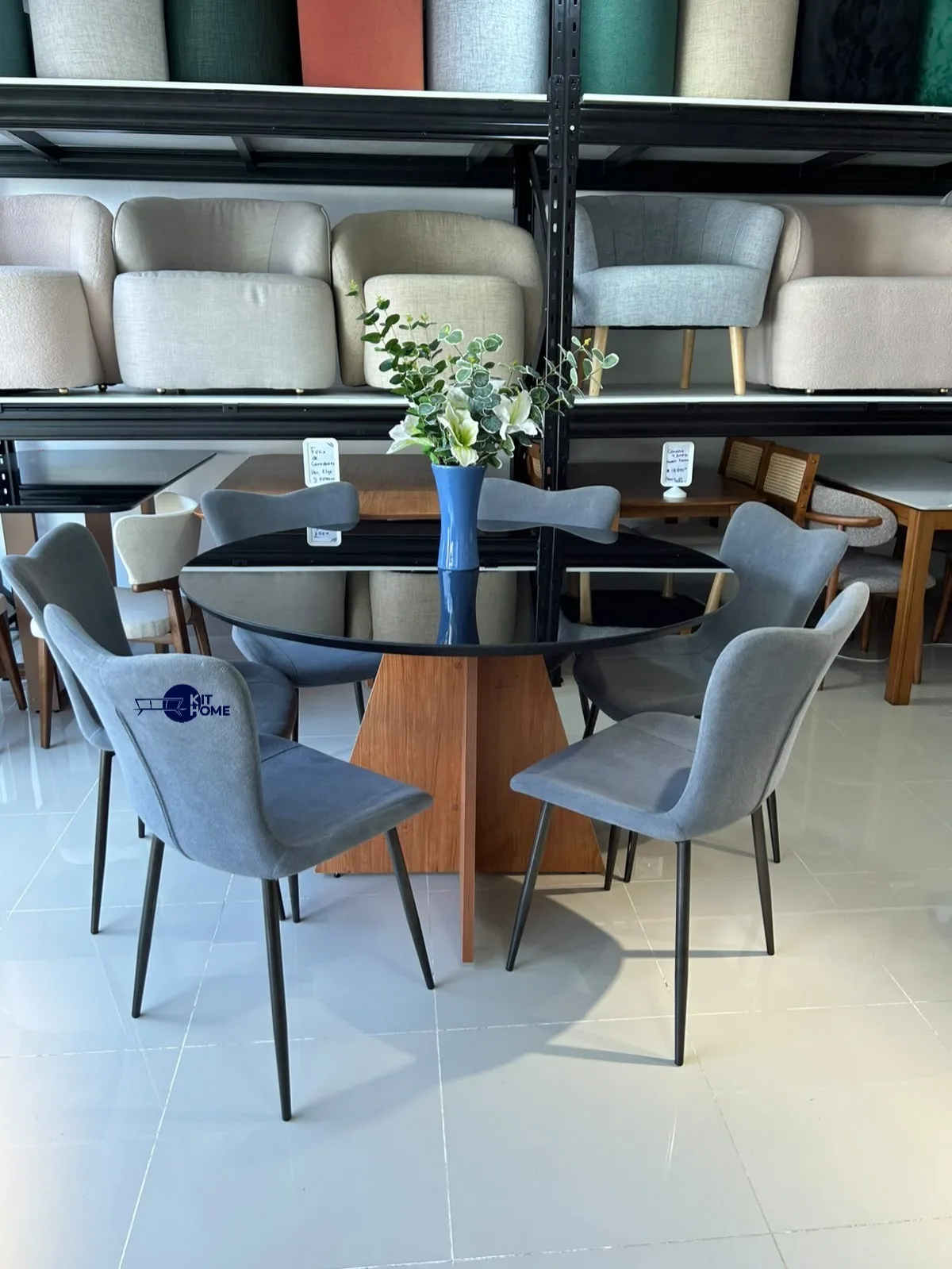Comedor 130 cm Cristal Adherido Negro - Sillas en metal Gris