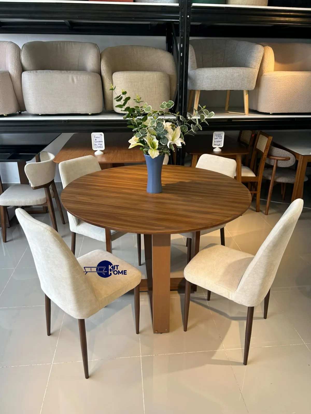 Comedor 120 cm Tope Madera - Sillas en metal Beige